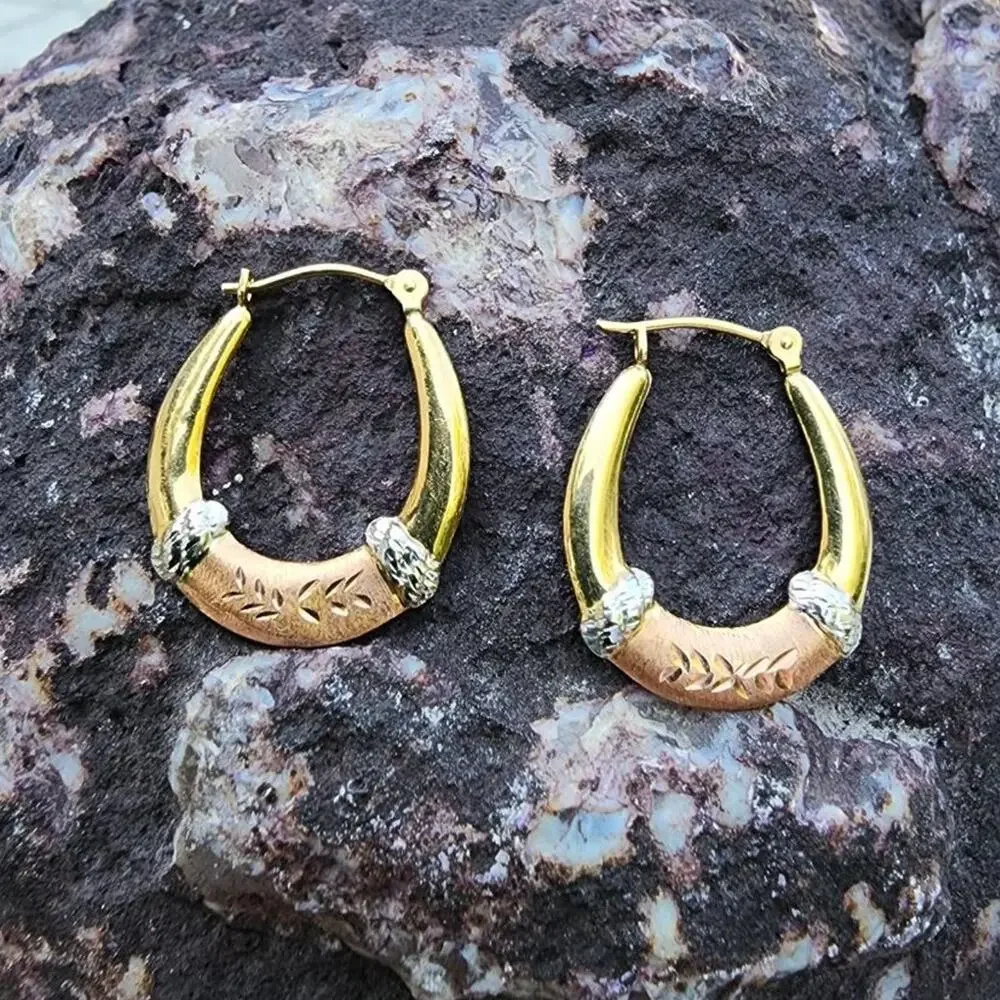 Vintage JCM 14K Fine Tri Tone Gold Diamond Cut Puff Hoop Earrings